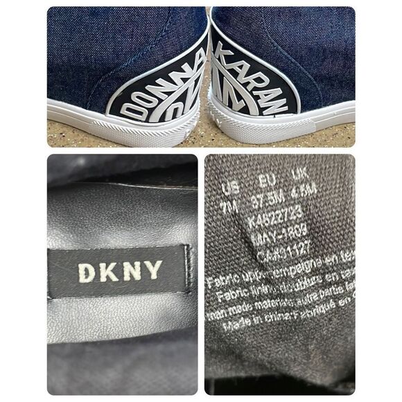 DKNY Chambray Denim Wedge Zip Front Sneakers 7 Dark Denim Blue - Picture 8 of 14